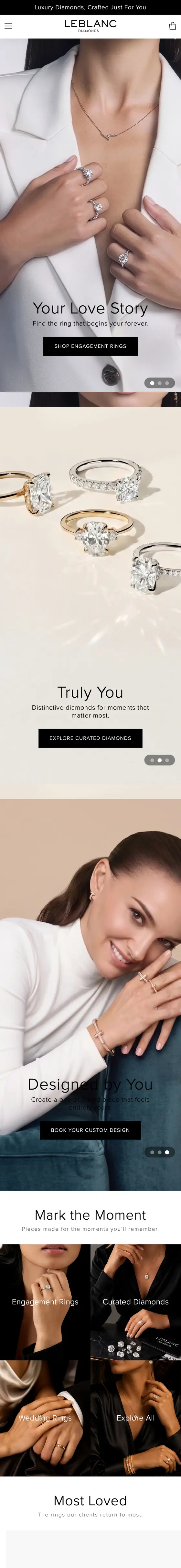 LeBlanc Diamonds Shopify store scrolling on a phone, built by Kartlyx